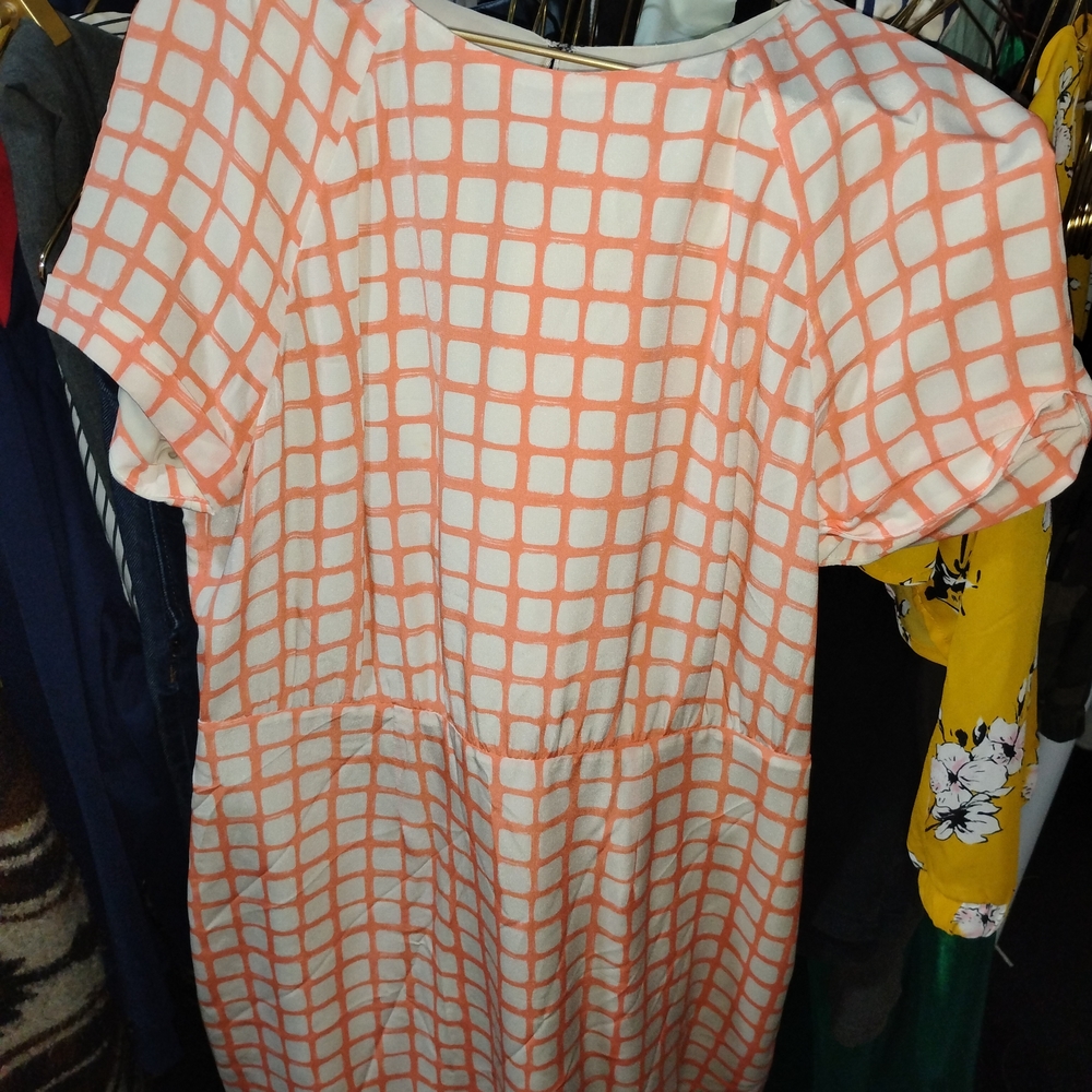Fossil Peach and White Grid Midi Dress